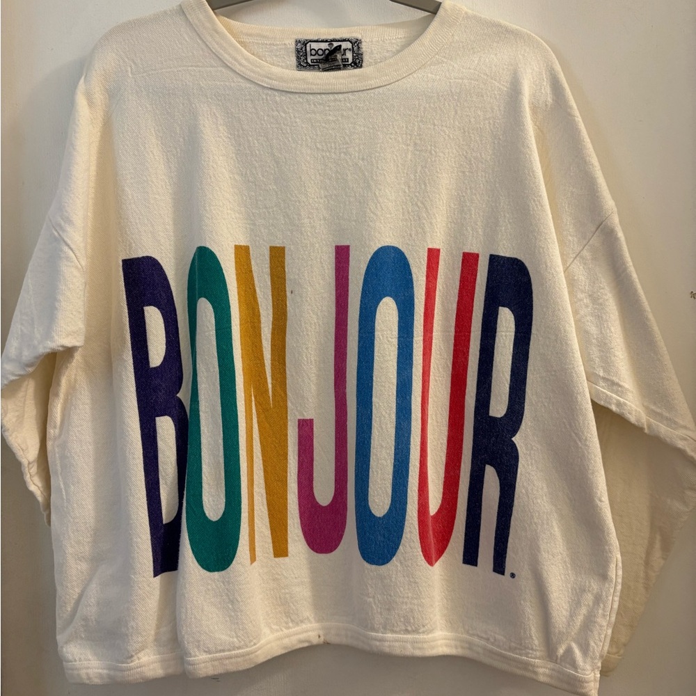 Cream Bonjour Sweatshirt with Rainbow Text